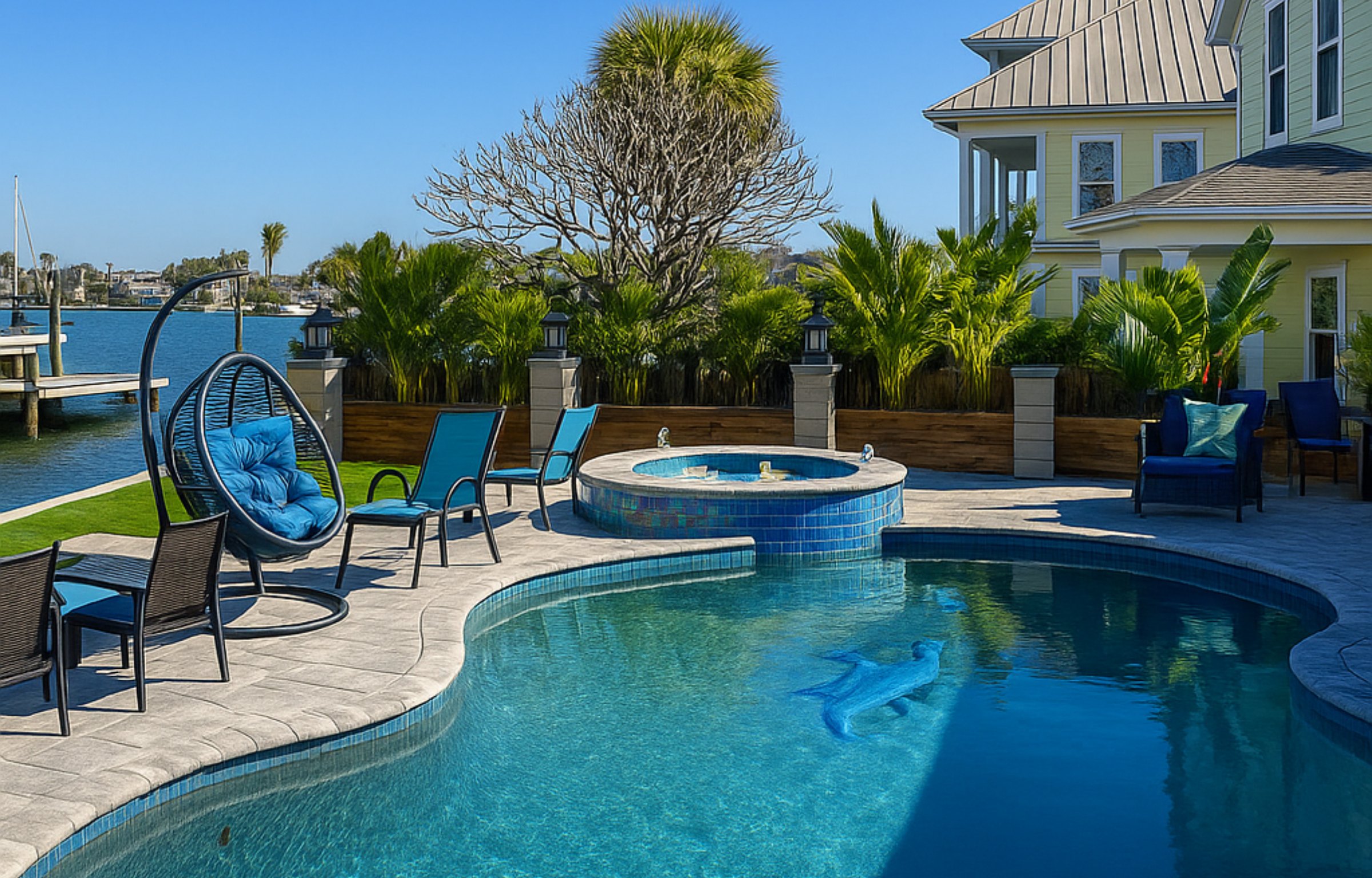 Luxury waterfront pool with spa after deep cleaning